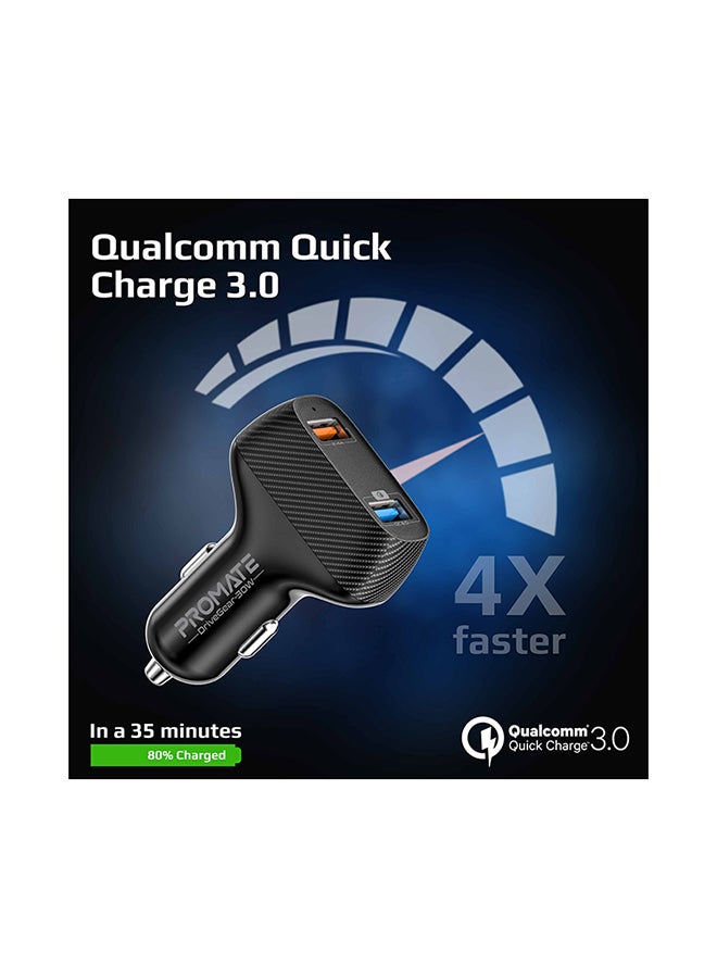 Promate Car Charger, Ultra-Fast 30W Qualcomm Quick Charge 3.0 Car Adapter with 2.4A USB Port, Adaptive Charge Technology and Over-Charge Protection Black