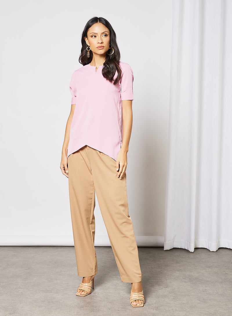 Aila - Women's Casual Short Sleeve Notched Neck Top With Side Slit Pink - Image 1