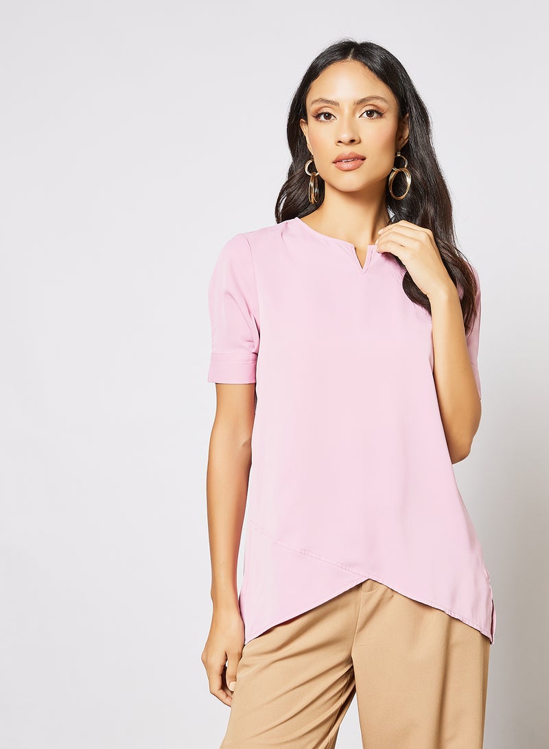 Aila - Women's Casual Short Sleeve Notched Neck Top With Side Slit Pink - Image 1