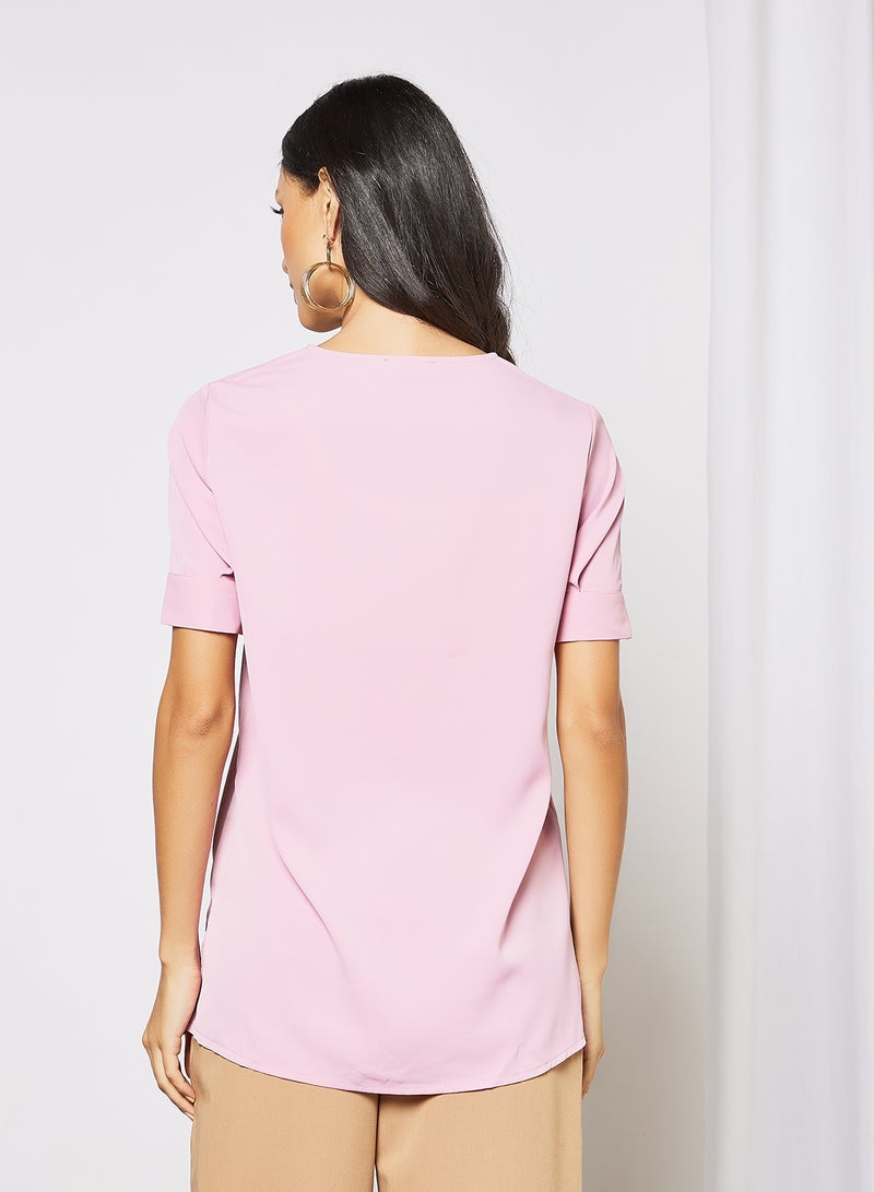 Aila - Women's Casual Short Sleeve Notched Neck Top With Side Slit Pink - Image 1