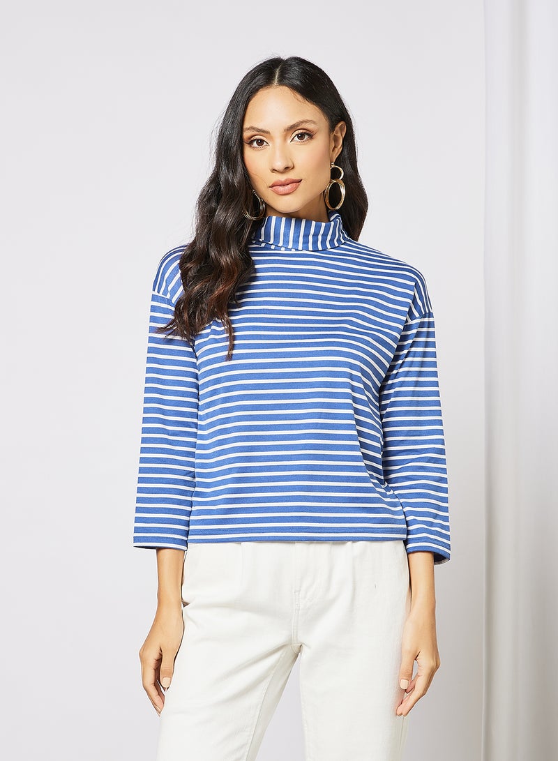 Aila Women's Casual Turtleneck Drop-Shoulder Long Sleeve Stripes Crop Top Multicolour  - Image 1