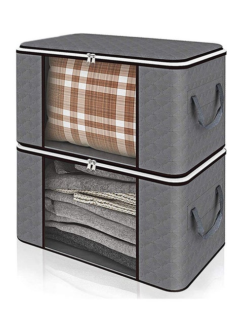 2-Piece Zipped Large Foldable Storage Bag Organizer With Reinforced Handle Grey/White/Black 60x40x35cm
