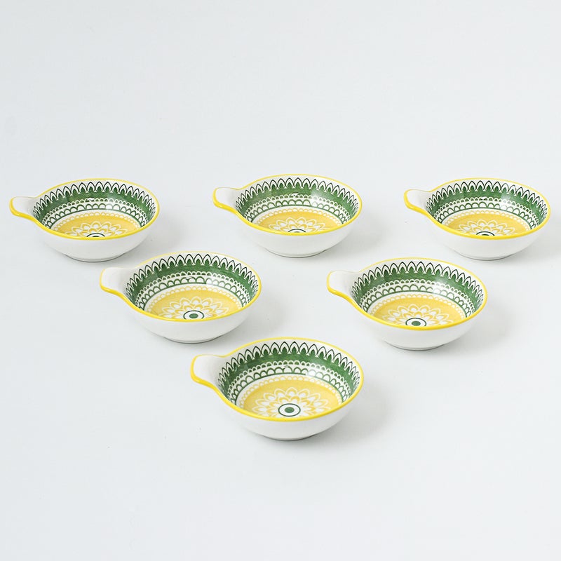 Shuer 6-Piece Hand-Painted Bowl With Handle Yellow/Green 11.2x9.5x4cm - Image 1