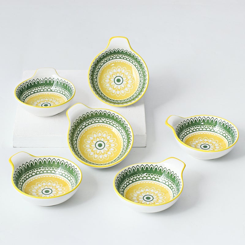 Shuer 6-Piece Hand-Painted Bowl With Handle Yellow/Green 11.2x9.5x4cm - Image 3