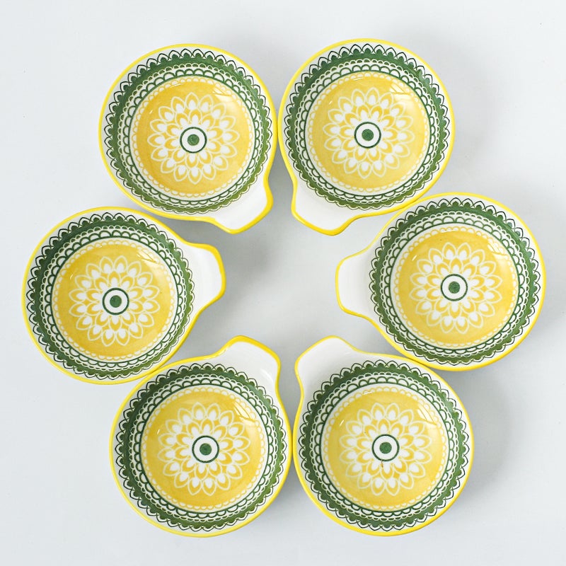 Shuer 6-Piece Hand-Painted Bowl With Handle Yellow/Green 11.2x9.5x4cm - Image 2