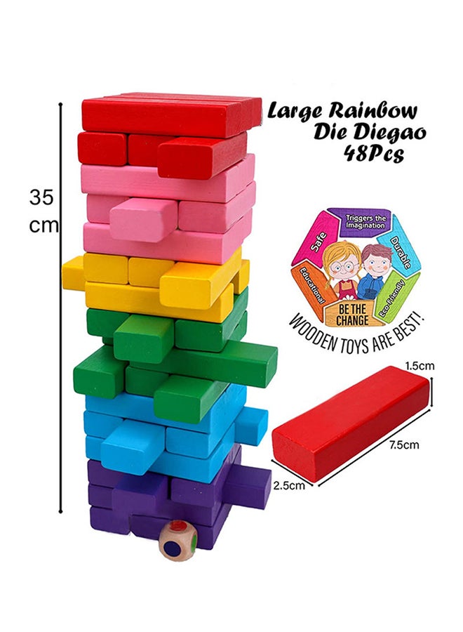 48-Piece Multicolour Non Toxic Smooth Edges Wooden Building Block Toy Game Set 7.5x2.5x1.5cm