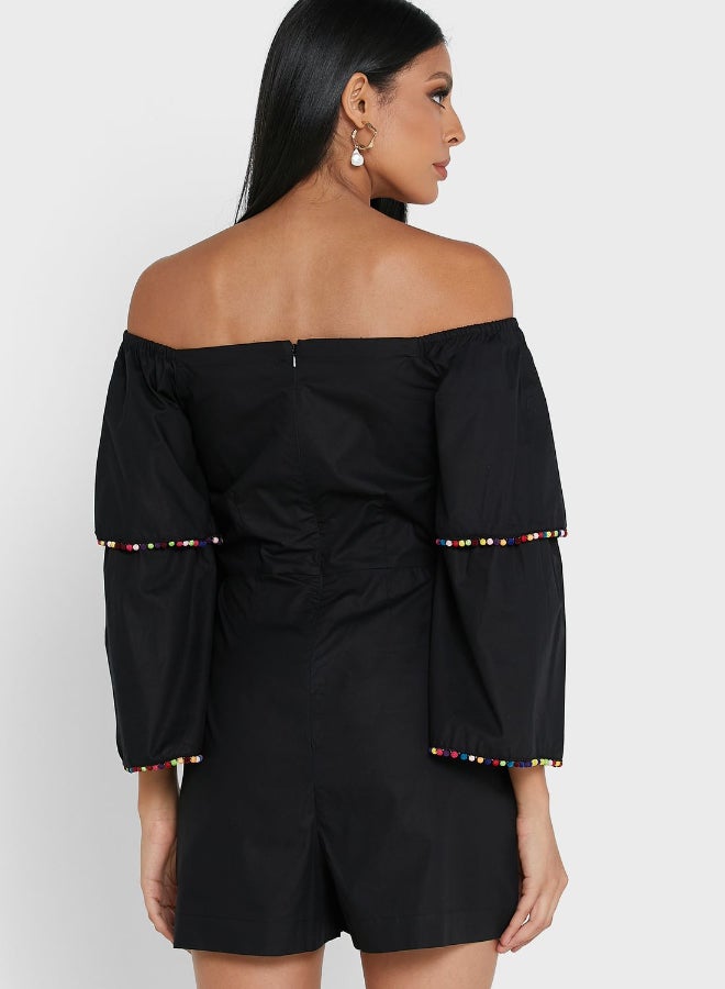 Never fully Dressed - Bardot Layered Sleeve off Shoulder Playsuit Black - Image 1