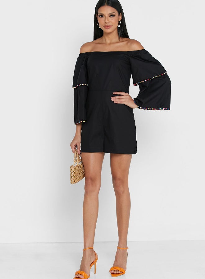 Never fully Dressed - Bardot Layered Sleeve off Shoulder Playsuit Black - Image 1