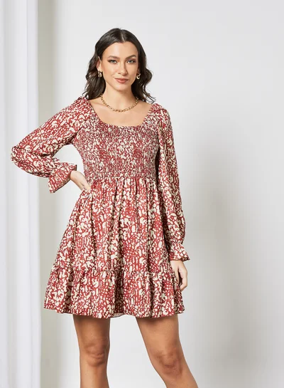 LABEL RAIL Shirred Animal Print Dress Red