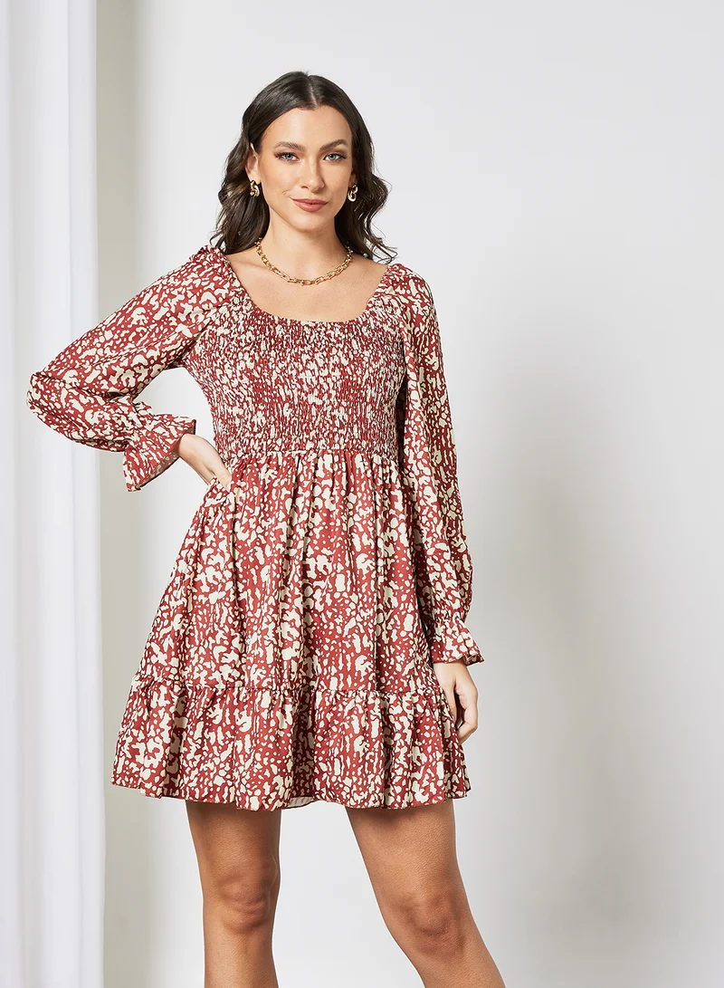 LABEL RAIL Shirred Animal Print Dress Red