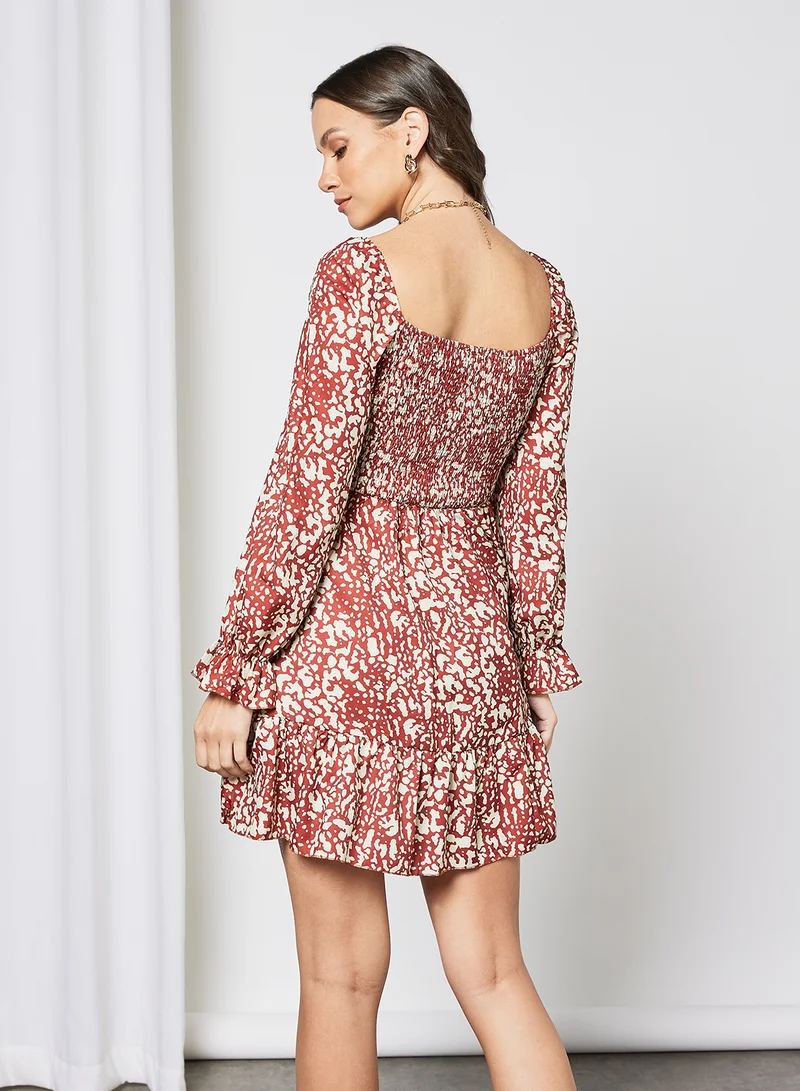 LABEL RAIL Shirred Animal Print Dress Red
