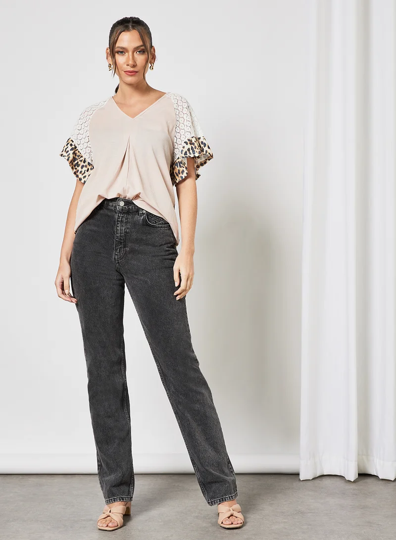 LABEL RAIL Flare Sleeve Animal Print T-Shirt Pink