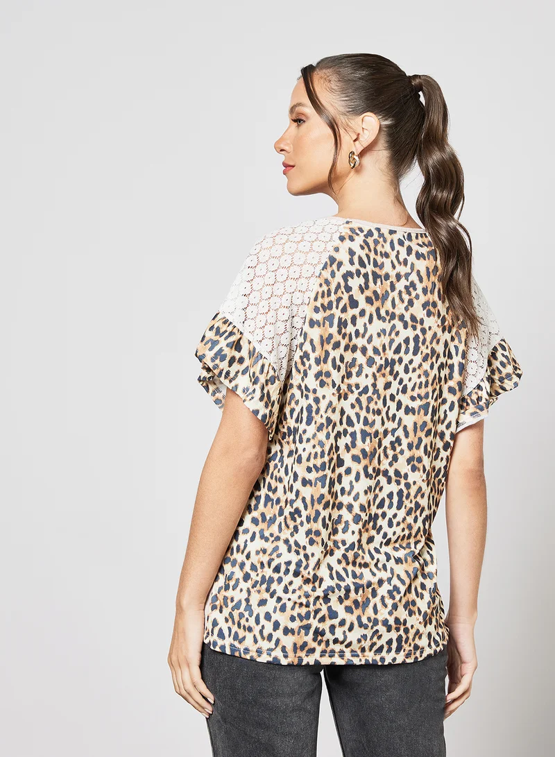 LABEL RAIL Flare Sleeve Animal Print T-Shirt Pink