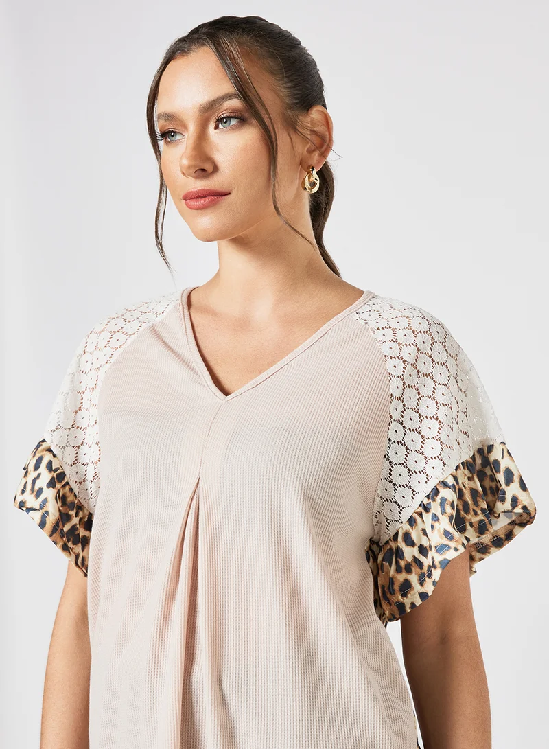 LABEL RAIL Flare Sleeve Animal Print T-Shirt Pink