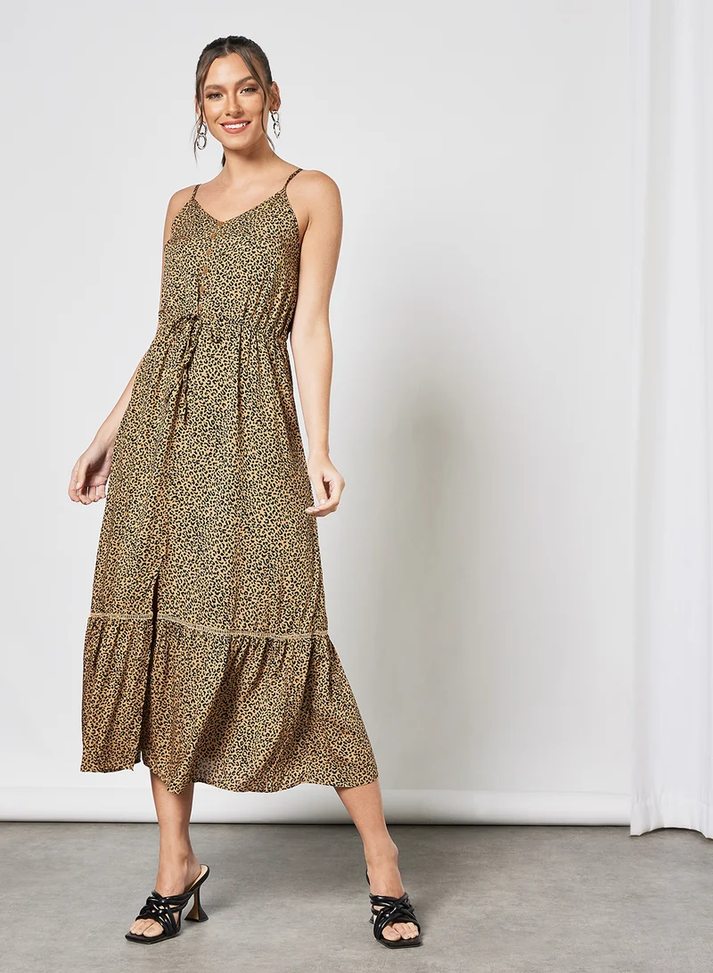 LABEL RAIL Ruffle Leopard Print Dress Brown