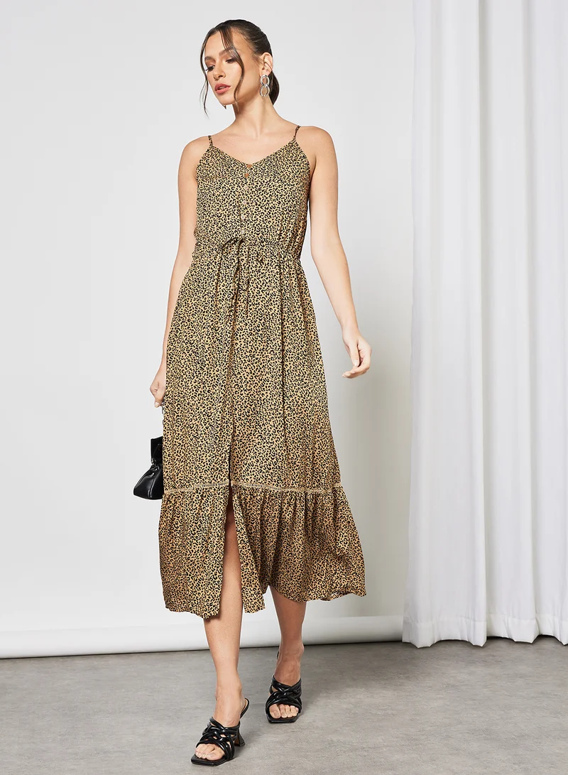 LABEL RAIL Ruffle Leopard Print Dress Brown