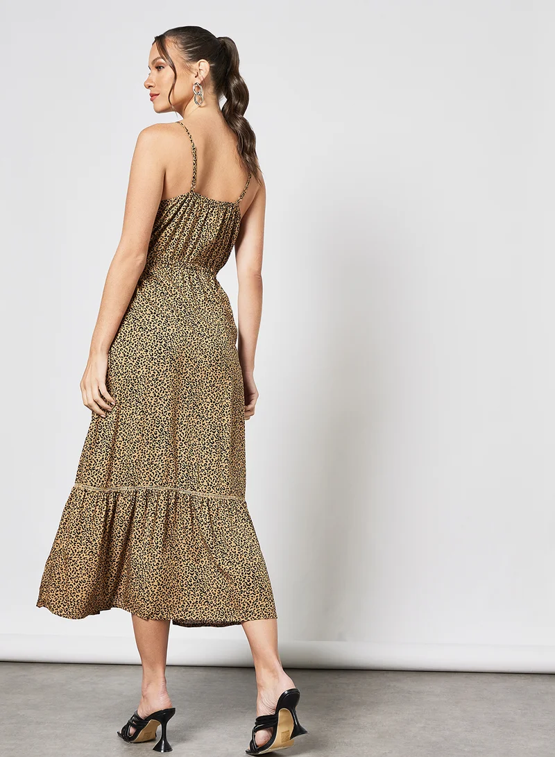 LABEL RAIL Ruffle Leopard Print Dress Brown