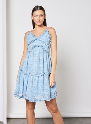 Printed Ruffle Trim Dress Blue