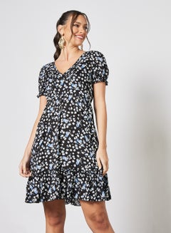 Ruffle Hem Floral Print Dress Black