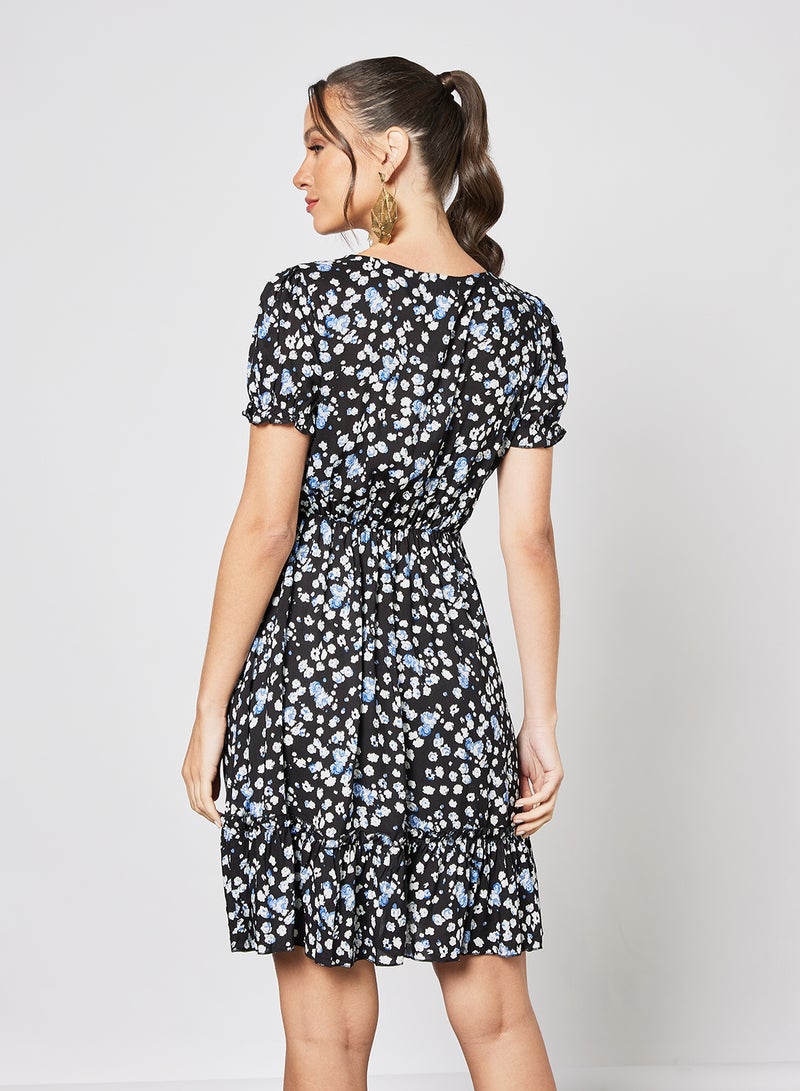 LABEL RAIL - Ruffle Hem Floral Print Dress Black - Image 1