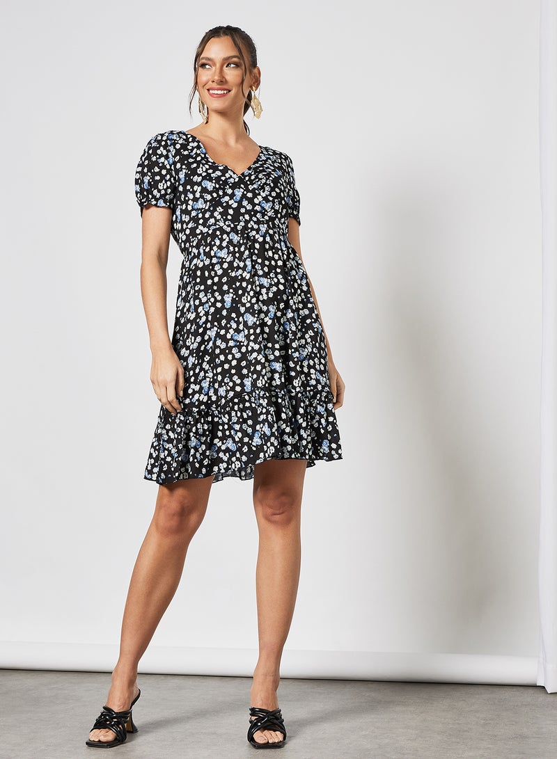 LABEL RAIL - Ruffle Hem Floral Print Dress Black - Image 1