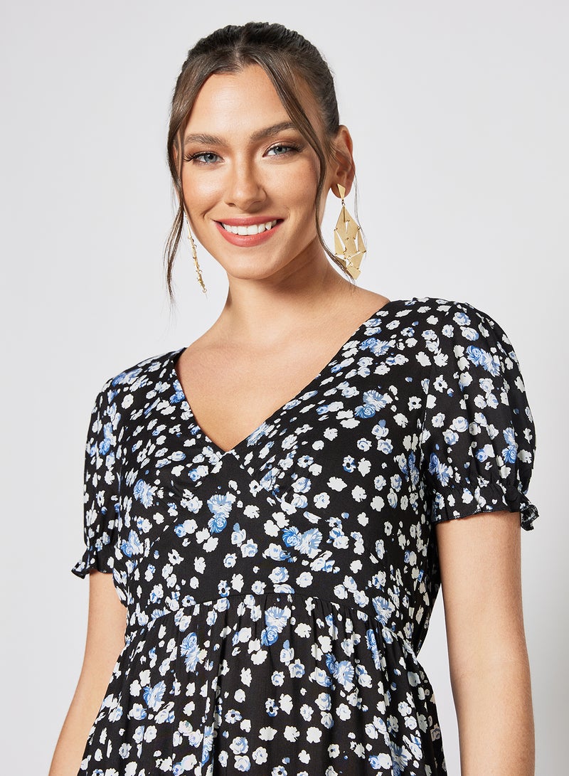 LABEL RAIL - Ruffle Hem Floral Print Dress Black - Image 1