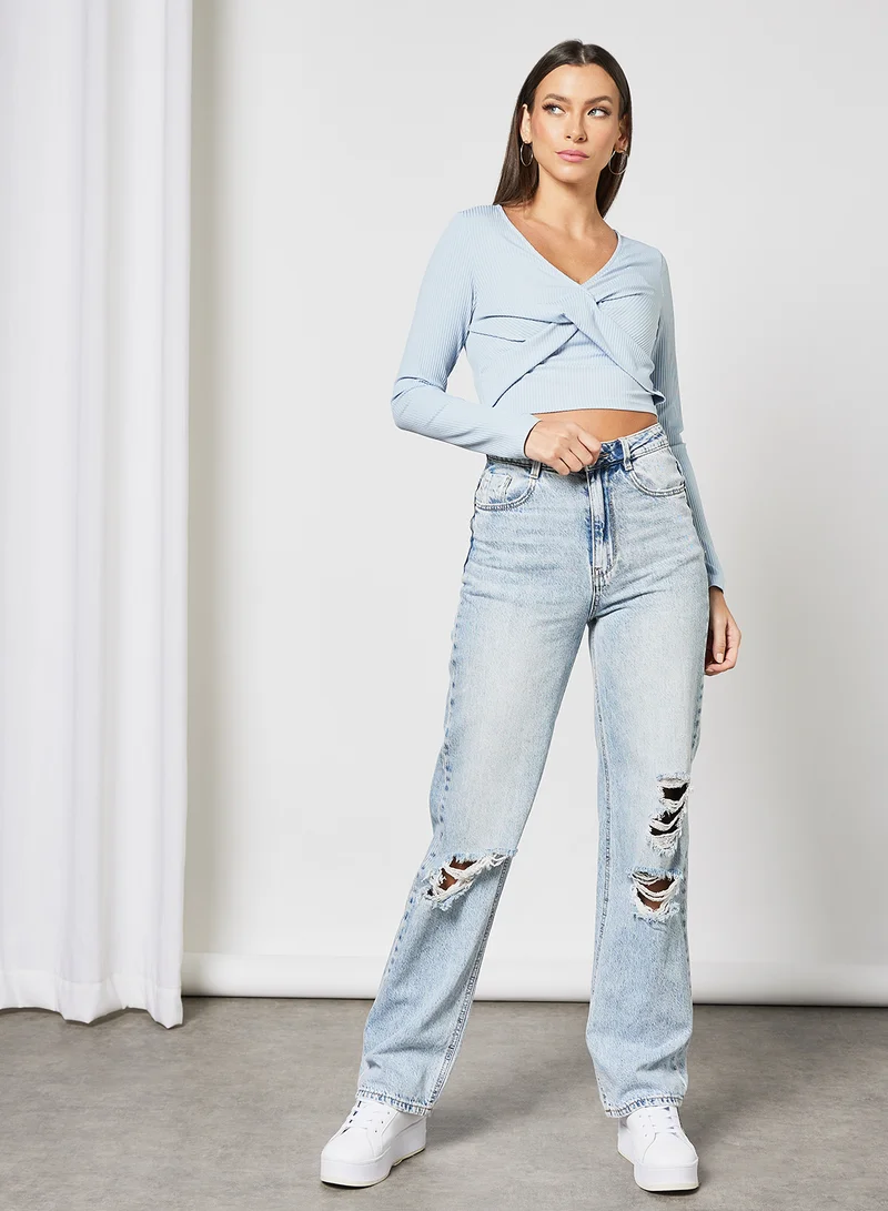 LABEL RAIL Front Twist Crop Top Blue