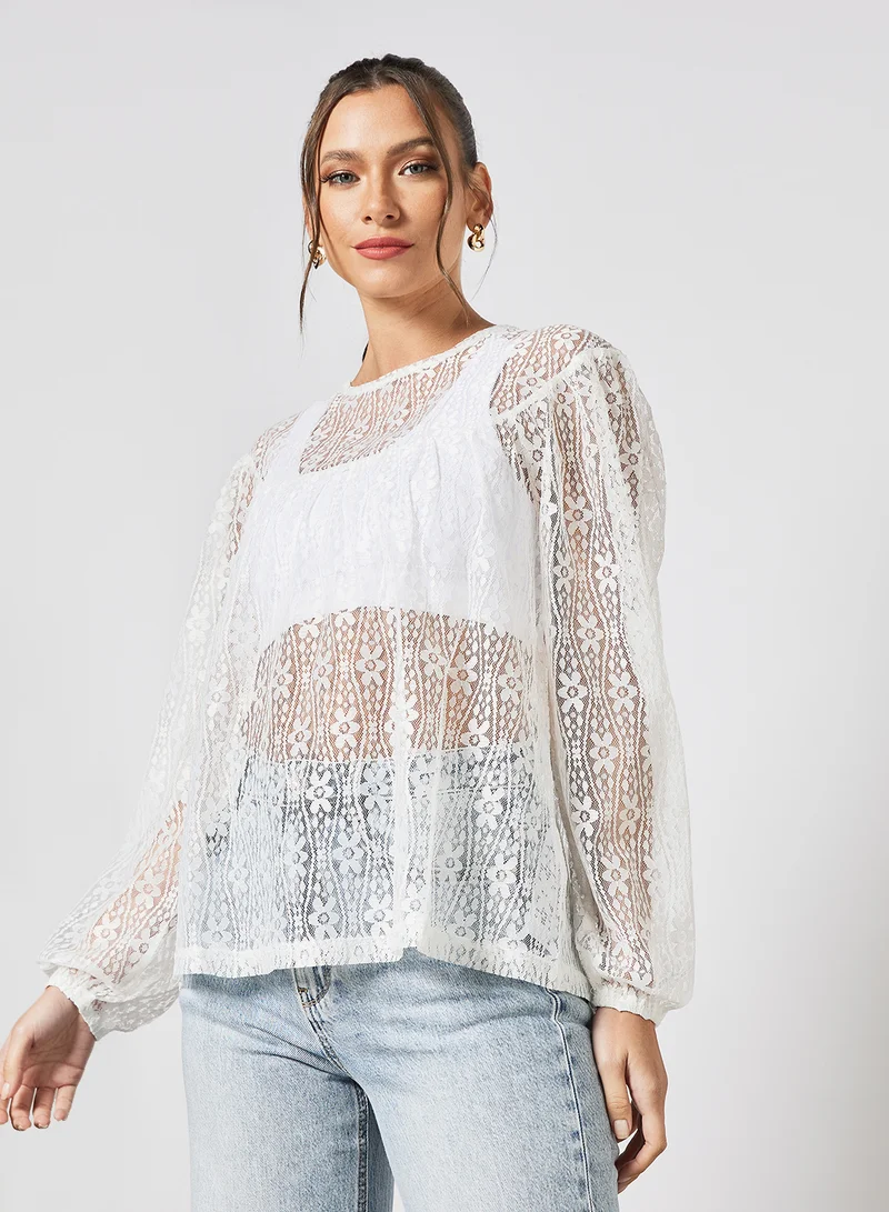LABEL RAIL Floral Sheer Top White