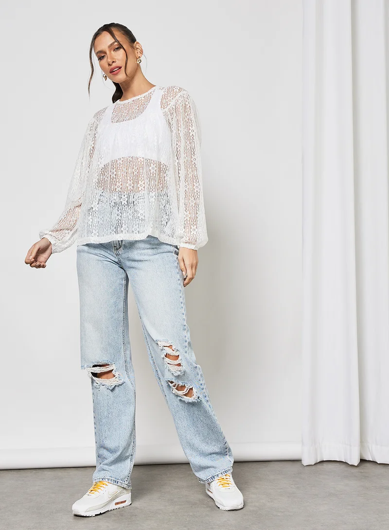 LABEL RAIL Floral Sheer Top White