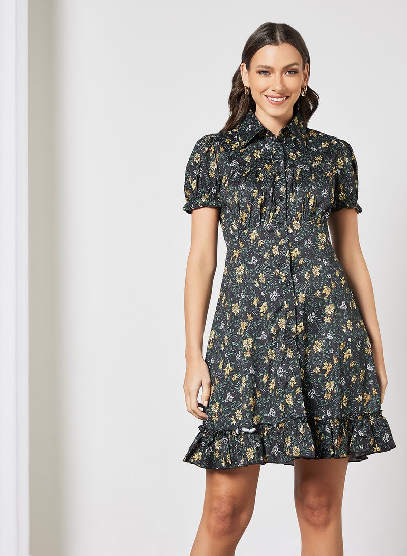 LABEL RAIL - Floral Print Shirt Dress Black - Image 1
