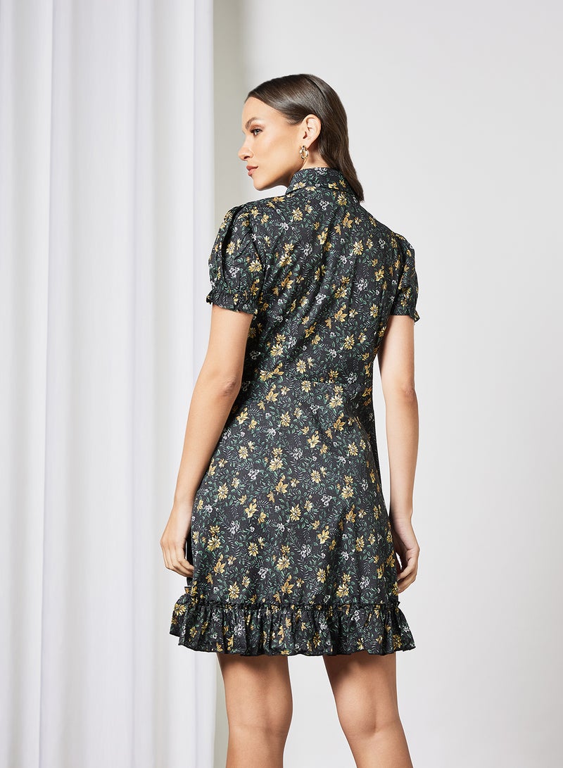 LABEL RAIL - Floral Print Shirt Dress Black - Image 1