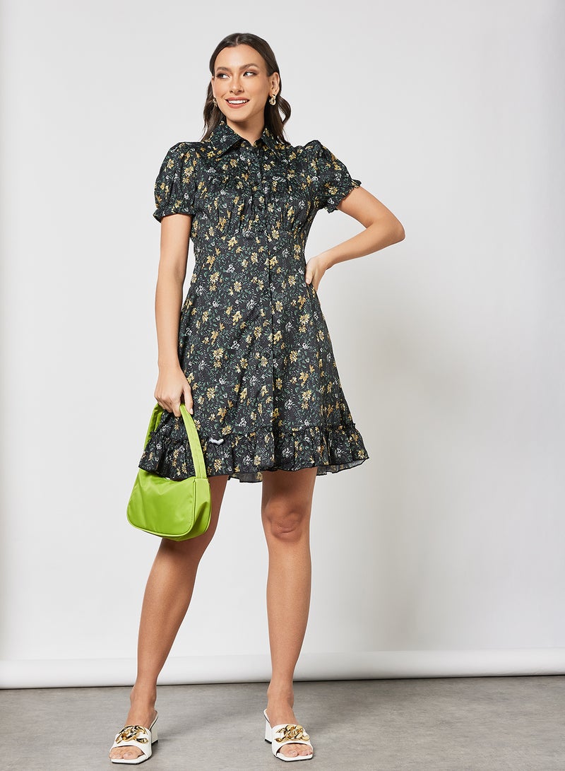 LABEL RAIL - Floral Print Shirt Dress Black - Image 1