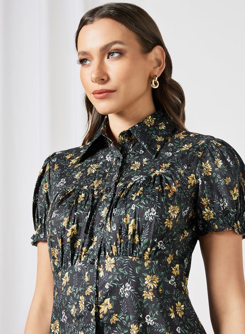 LABEL RAIL - Floral Print Shirt Dress Black - Image 1