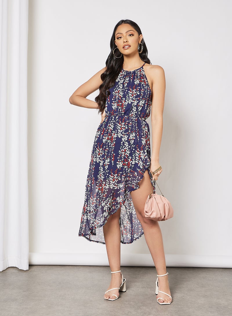 LABEL RAIL - Asymmetric Floral Print Dress Navy - Image 1