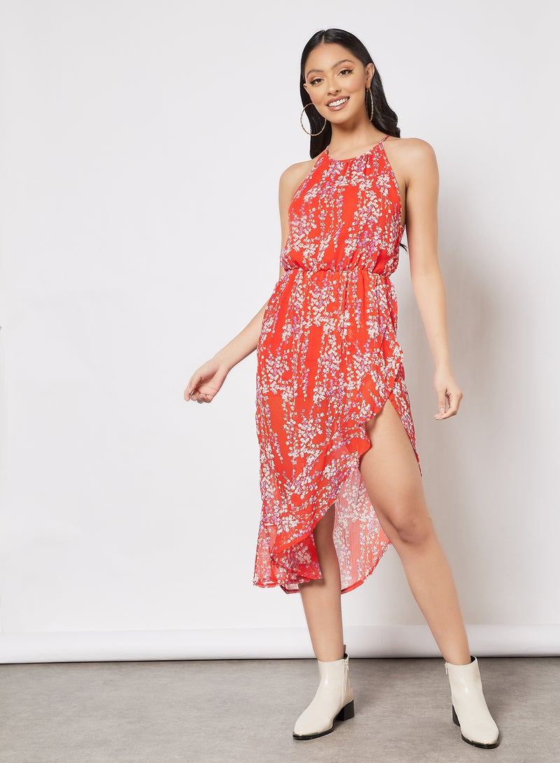 Asymmetric Floral Print Dress Red