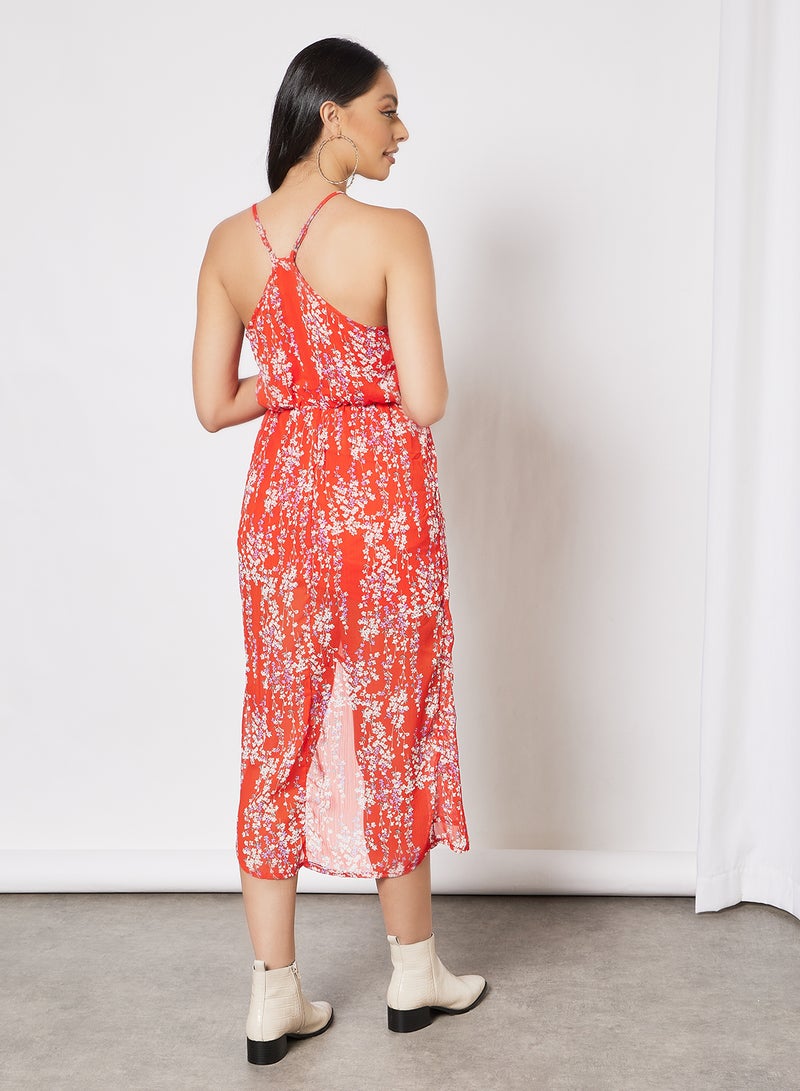 Asymmetric Floral Print Dress Red