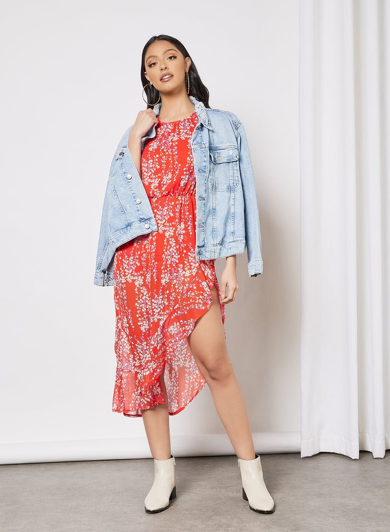Asymmetric Floral Print Dress Red