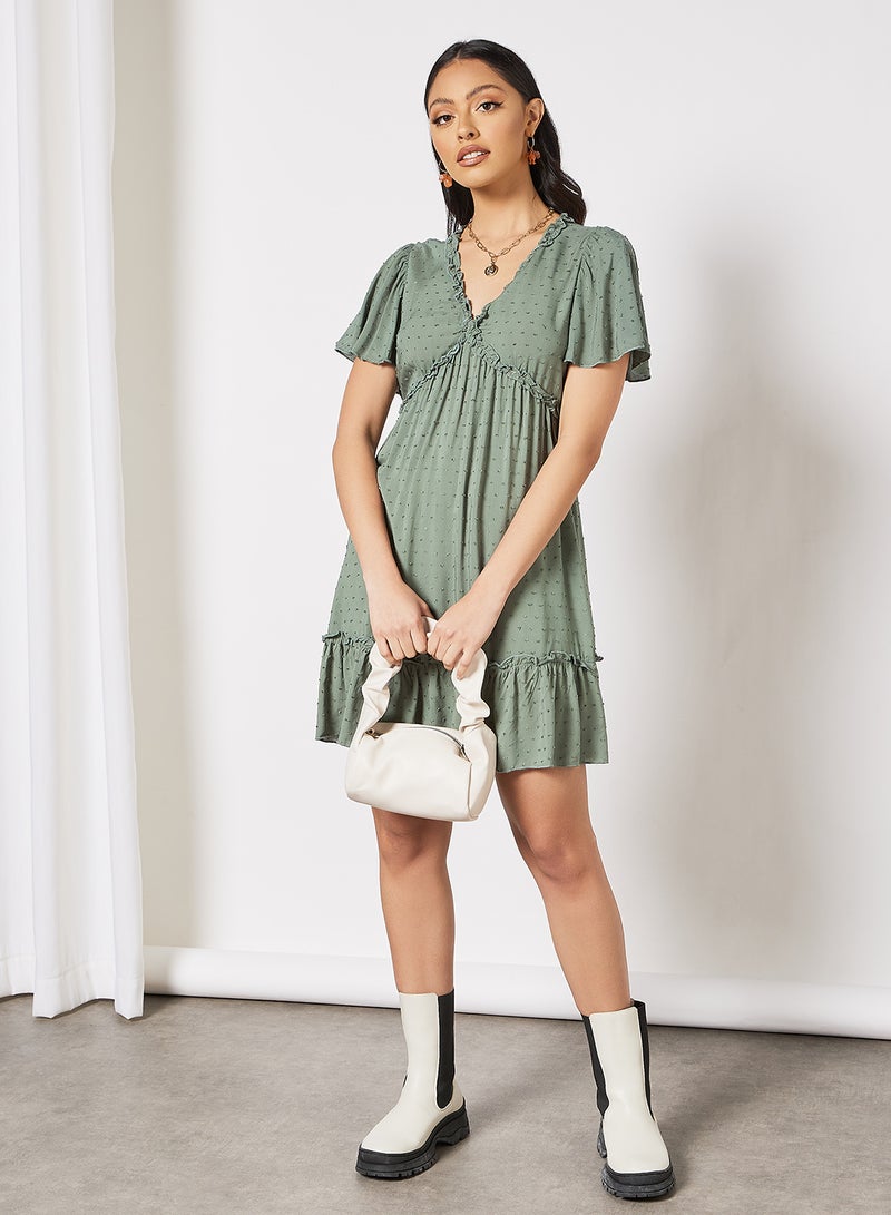 LABEL RAIL - Ruffle Trim Mini Dress Green - Image 1
