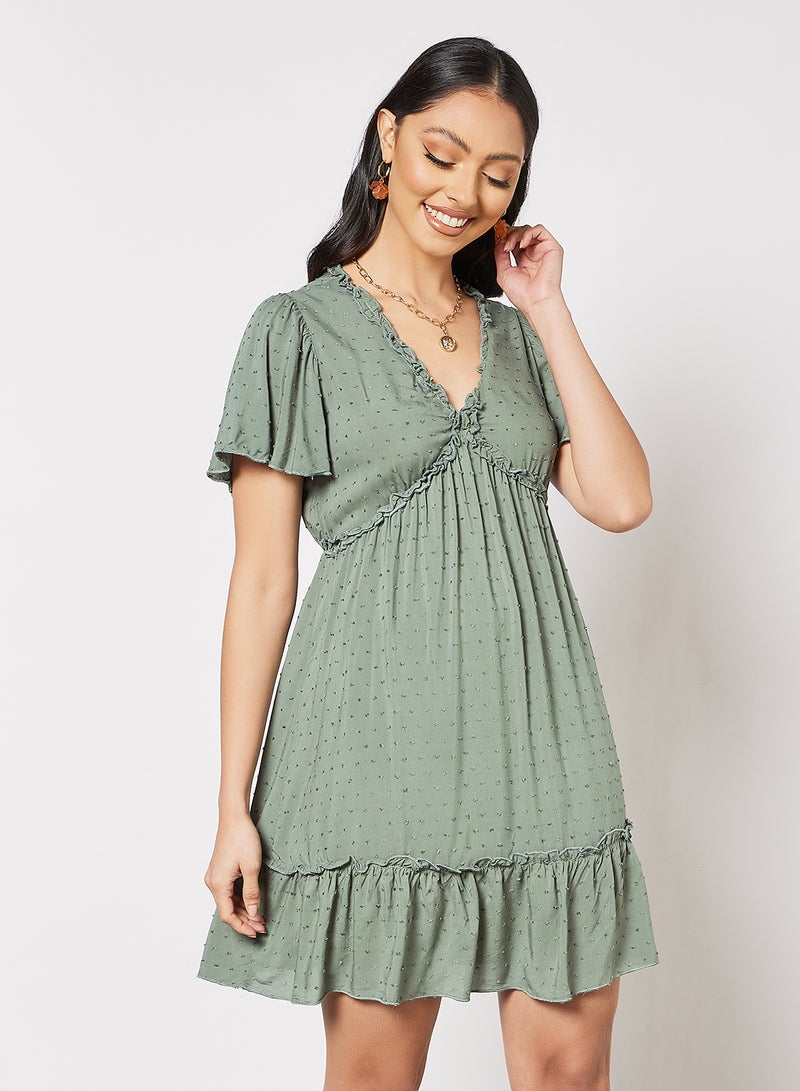 LABEL RAIL - Ruffle Trim Mini Dress Green - Image 1
