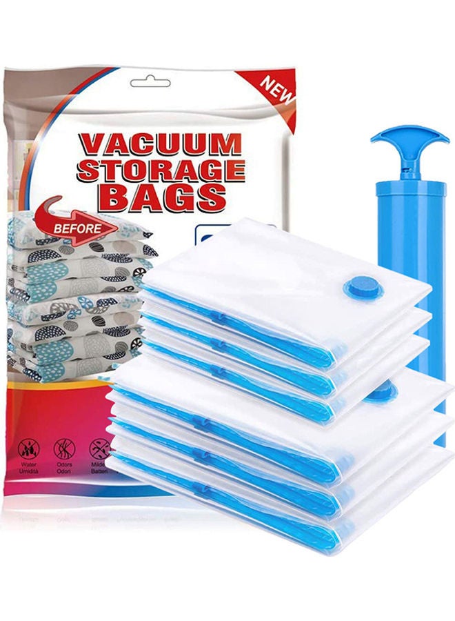 6-Piece Reusable Vacuum Storage Bags With Travel Hand Pump White/Blue 80x60cm - Image 1