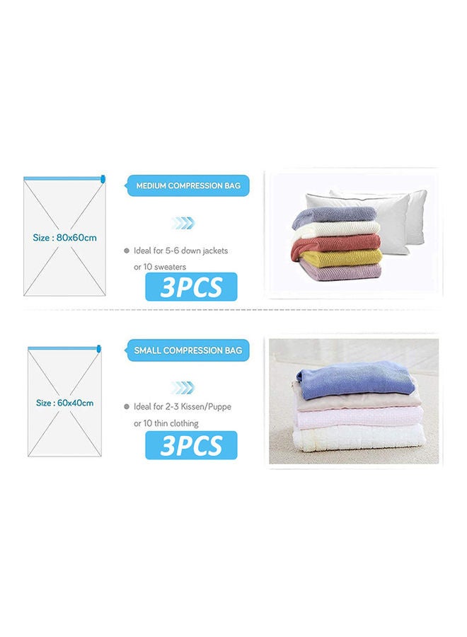 6-Piece Reusable Vacuum Storage Bags With Travel Hand Pump White/Blue 80x60cm - Image 2