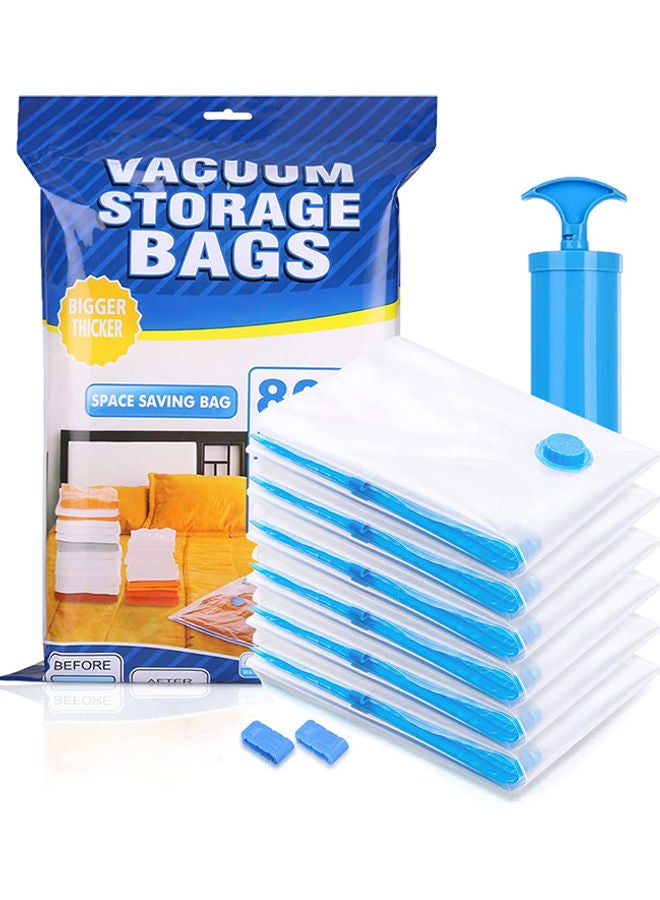6-Pack Reusable Vacuum Storage Bags With Travel Hand Pump White/Blue 80x60cm - Image 1