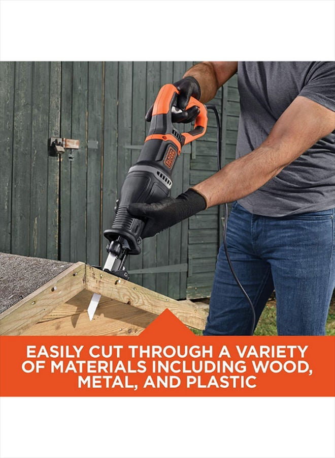 BLACK+DECKER - Reciprocating Saw with Removeable Branch Holder, 750W, 7 A, Corded, 2 x Blades, Orange/Black - BES301K-GB, Orange/Black 2.2kg - Image 1