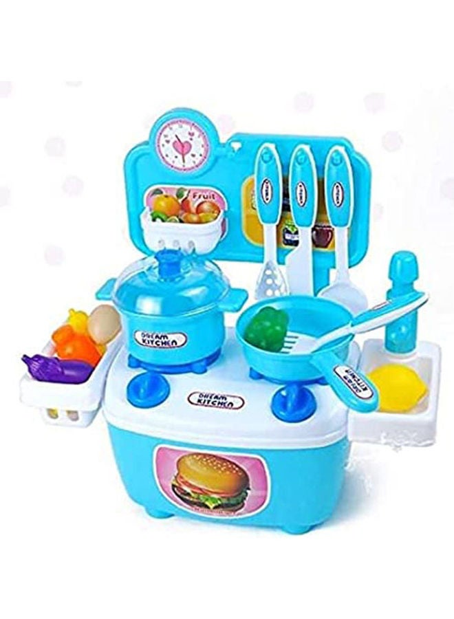 مطبخ ملون للاطفال يحتوي على مساحة تخزين اواني خضروات ووعاء طهي