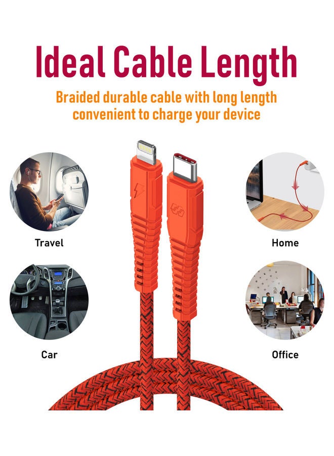 Moxedo - 3-Meter Velox Nylon Braided USB-C To Lightning Fast Charge And Data Sync Cable Compatible With Apple iPhone 13 Pro/13 Pro Max/ 12/12 Pro Max/SE/XS Max iPad and iPod Orange - Image 1