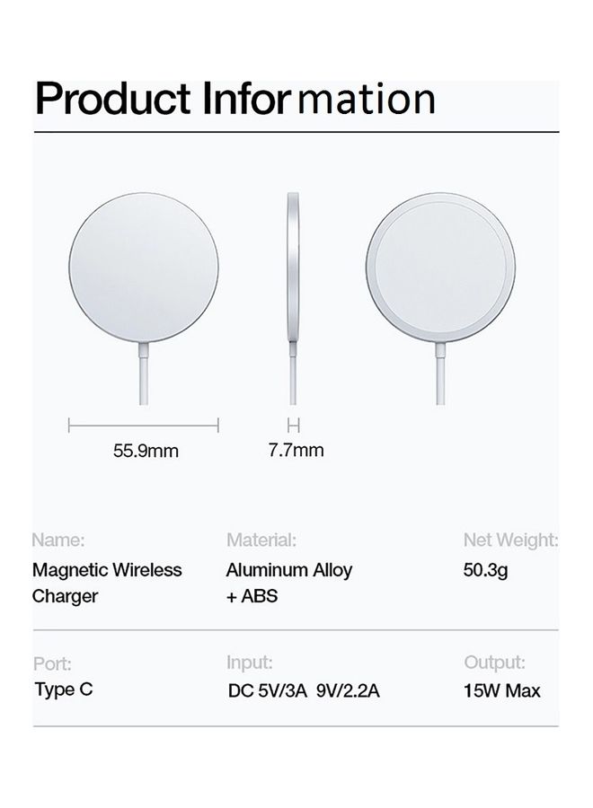 Generic - 15W Fast Magnetic Wireless Charger Compatible with iPhone 12/12 Pro Max/Mini/AirPods Pro White - Image 1