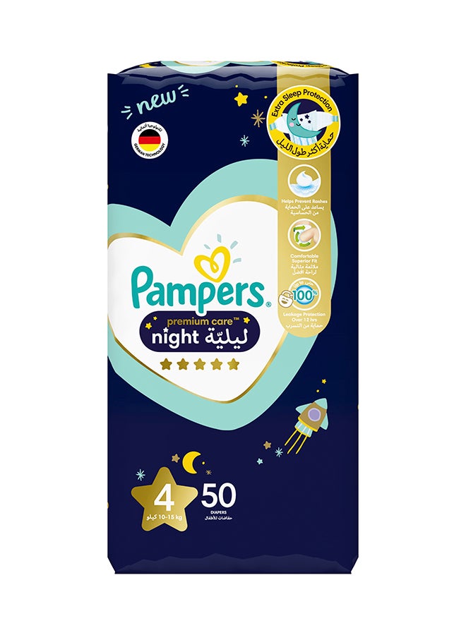 Pampers - Premium Care Baby Night Diapers, Size 4, 10 - 15 Kg, 50 Count - Extra Sleep Protection - Image 1