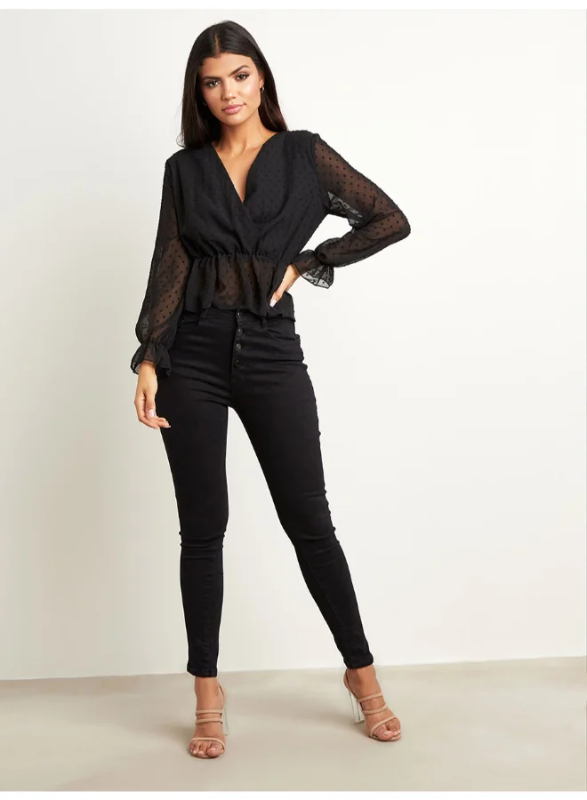 Closet By Styli Dobby Mesh Insert Casual Peplum Top Black