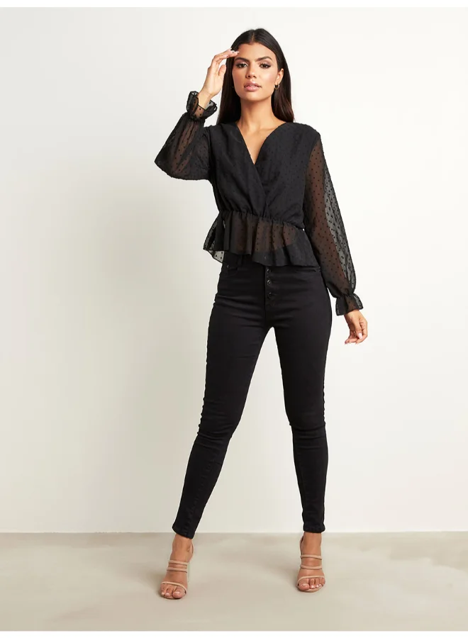 Closet By Styli Dobby Mesh Insert Casual Peplum Top Black