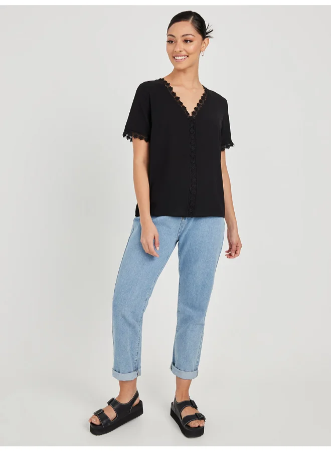 Closet By Styli Lace Trim V-Neck Casual Top Black